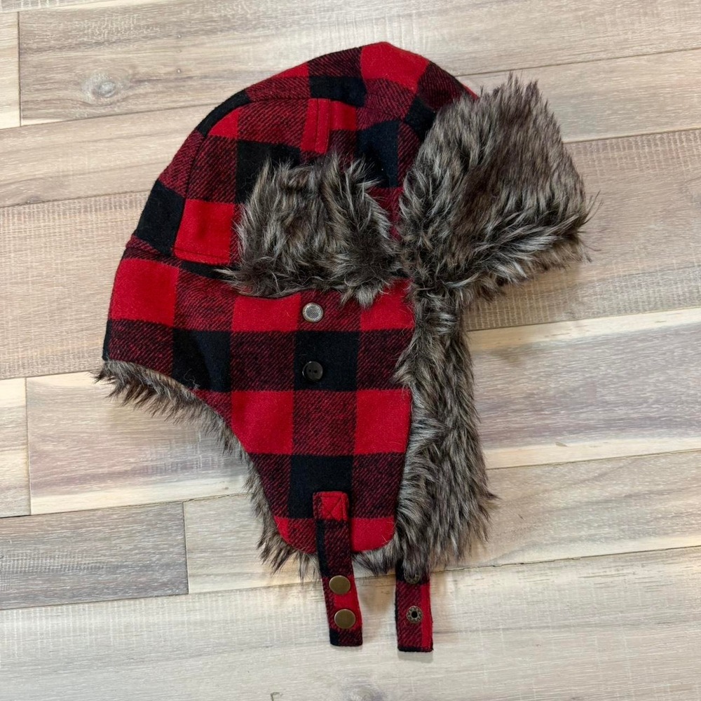 Red/black plaid fur lined aviator hat